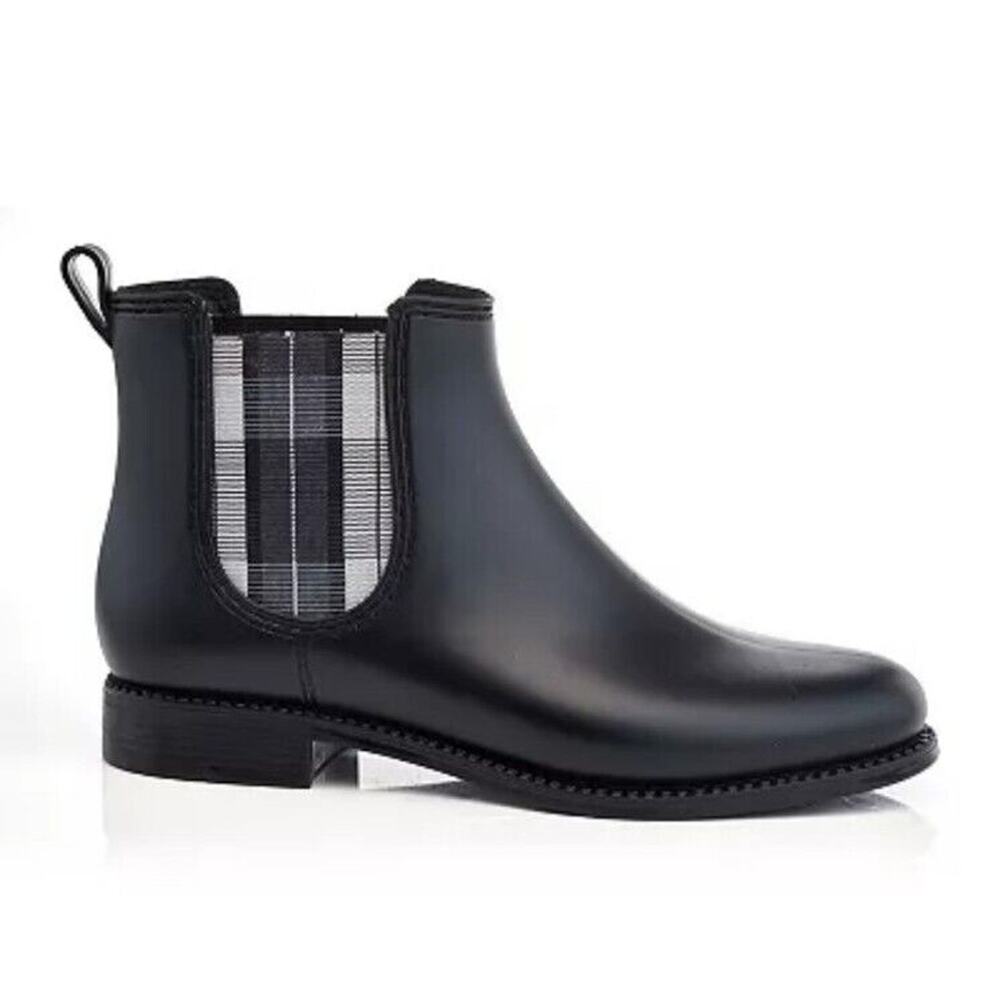 Henry Ferrera Rain Boots Womens Size 7 Black Marsala Plaid Chelsea Matte Ankle - Picture 2 of 7